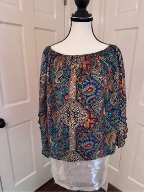 Boho Paisley Off-Shoulder Women's Top in Teal Multi